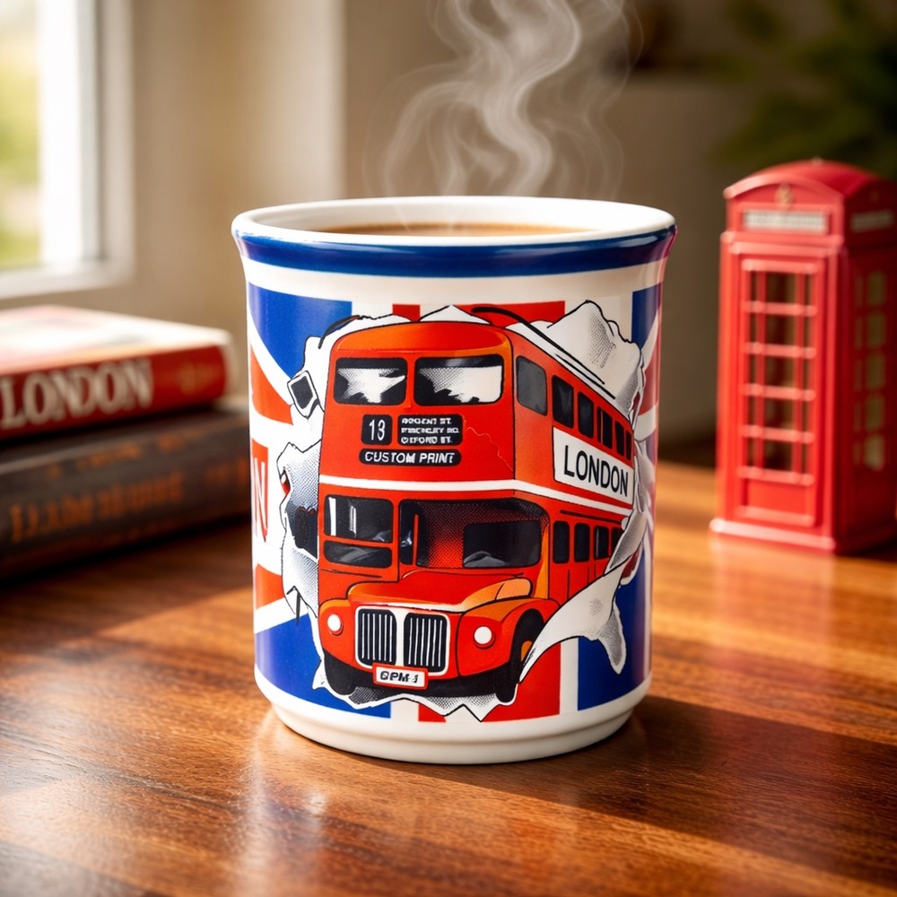 Ceramic London Unmarked Red White Blue Bus Coffee Cup